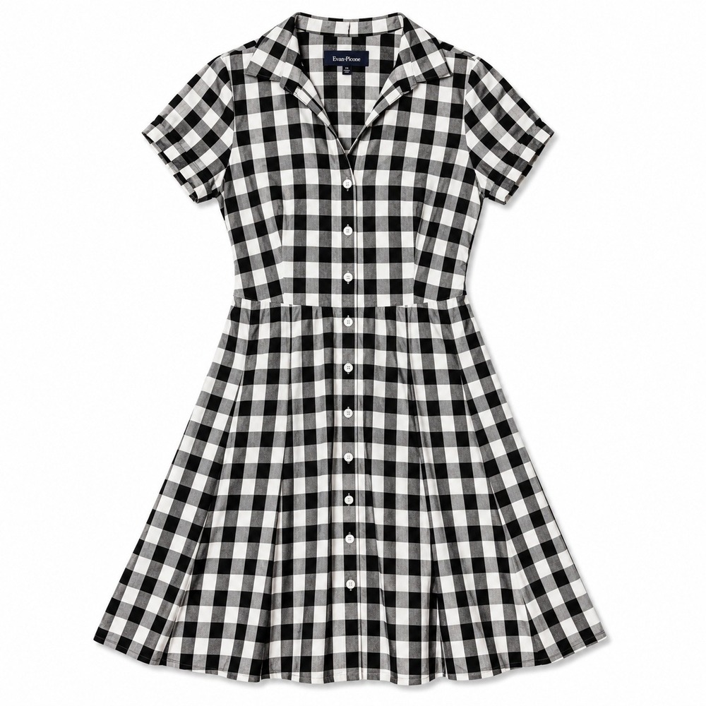 Evan-Picone Petite Black White Gingham Checkers Button Front Tie Back Dress 4P‎